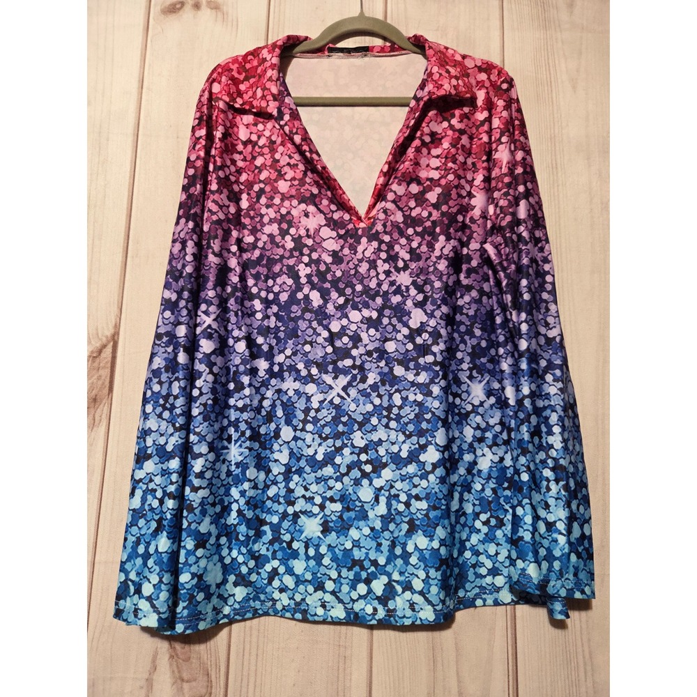 Loveu Dear Womens 1X Ombre Glitter Print VNeck Long Sleeve Top Pink Blue‎ Purple
